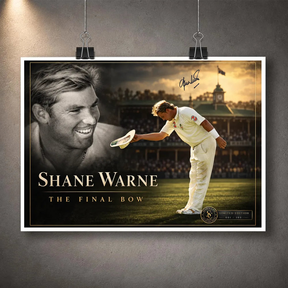 Unframed Shane Warne The Final Bow cricket edition with nostalgic portrait, stadium scene and limited-edition badge.