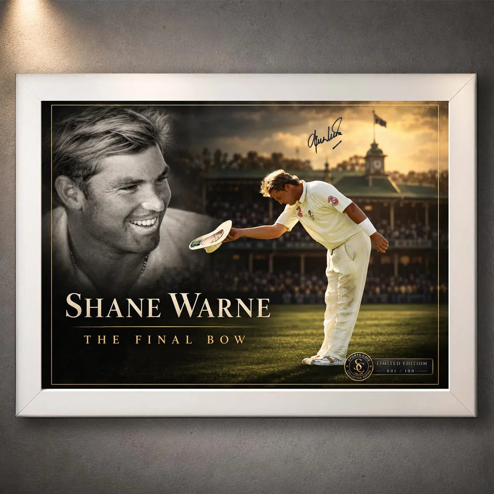 Shane Warne The Final Bow cricket edition with vintage portrait, farewell bow and gold details in a white frame.