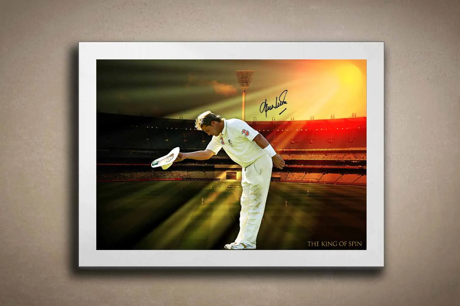 White-framed Shane Warne cricket memorabilia artwork featuring his final bow at the MCG — a stunning piece of framed sports art and man cave wall décor for true Australian cricket fans.