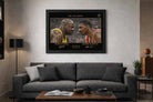 Shaquille O’Neal and Hakeem Olajuwon framed sports wall art displayed above sofa in modern man cave wall décor setting