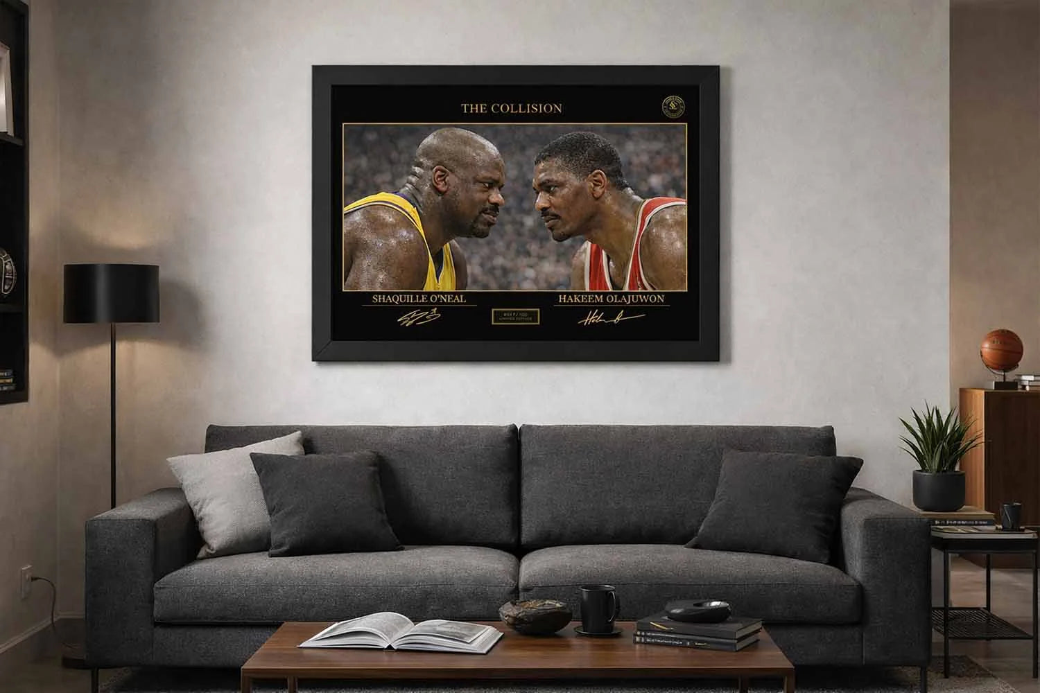 Shaquille O’Neal and Hakeem Olajuwon framed sports wall art displayed above sofa in modern man cave wall décor setting