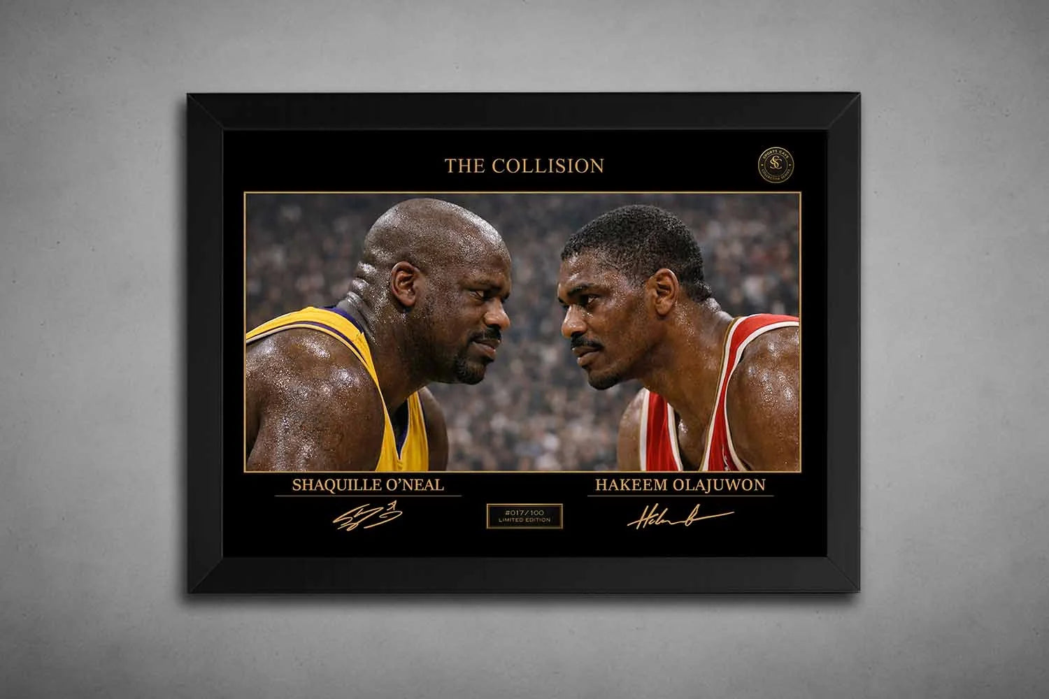 Shaquille O’Neal vs Hakeem Olajuwon The Collision artwork in black frame, premium sports collectibles capturing NBA rivalry