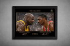 Shaquille O’Neal vs Hakeem Olajuwon The Collision artwork in black frame, premium sports collectibles capturing NBA rivalry