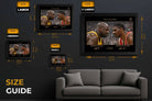 NBA wall art size guide featuring Shaquille O’Neal vs Hakeem Olajuwon framed sports art in multiple display sizes