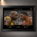 Shaquille O’Neal vs Hakeem Olajuwon NBA wall art shown in a black frame with gold collector details