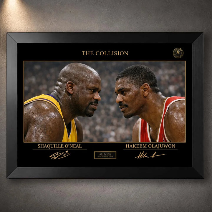 Shaquille O’Neal vs Hakeem Olajuwon NBA wall art shown in a black frame with gold collector details