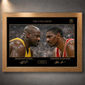 Shaquille O’Neal vs Hakeem Olajuwon basketball artwork shown in an oak frame on a textured wall