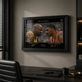 Shaq vs Hakeem basketball wall art in a premium office setting with black frame, desk, and window light