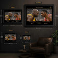 Shaq vs Hakeem framed wall art size guide showing small, medium, large, and XL display dimensions