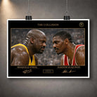 Unframed Shaq vs Hakeem basketball art print hanging with white border and black binder clips