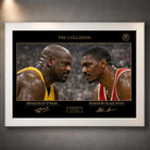Shaquille O’Neal vs Hakeem Olajuwon framed sports art shown in a white frame on a textured wall