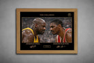Shaquille O’Neal vs Hakeem Olajuwon rivalry artwork in oak frame, premium sports collectibles for basketball fans