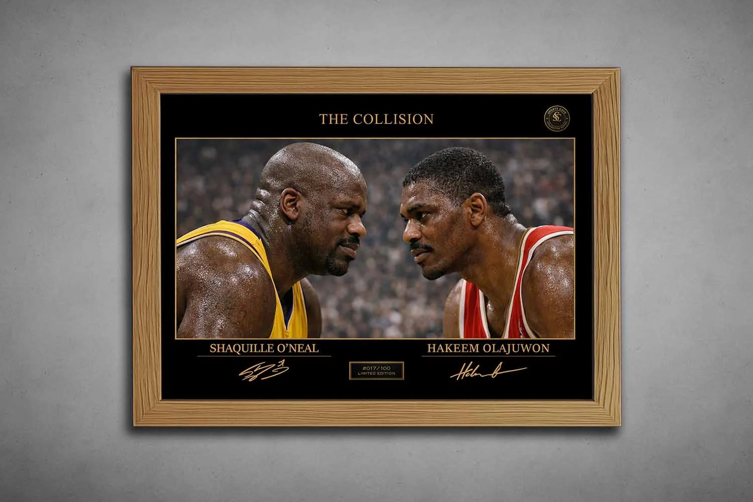 Shaquille O’Neal vs Hakeem Olajuwon rivalry artwork in oak frame, premium sports collectibles for basketball fans