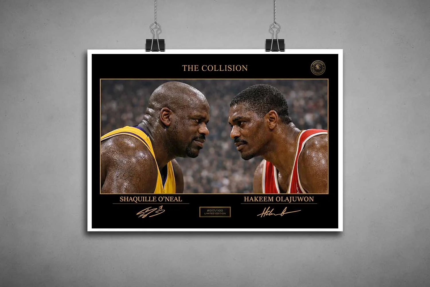 Unframed Shaq vs Hakeem sports wall art print featuring The Collision design for NBA collectors and enthusiasts