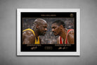 Shaquille O’Neal and Hakeem Olajuwon The Collision artwork in white frame, framed sports art highlighting NBA legends