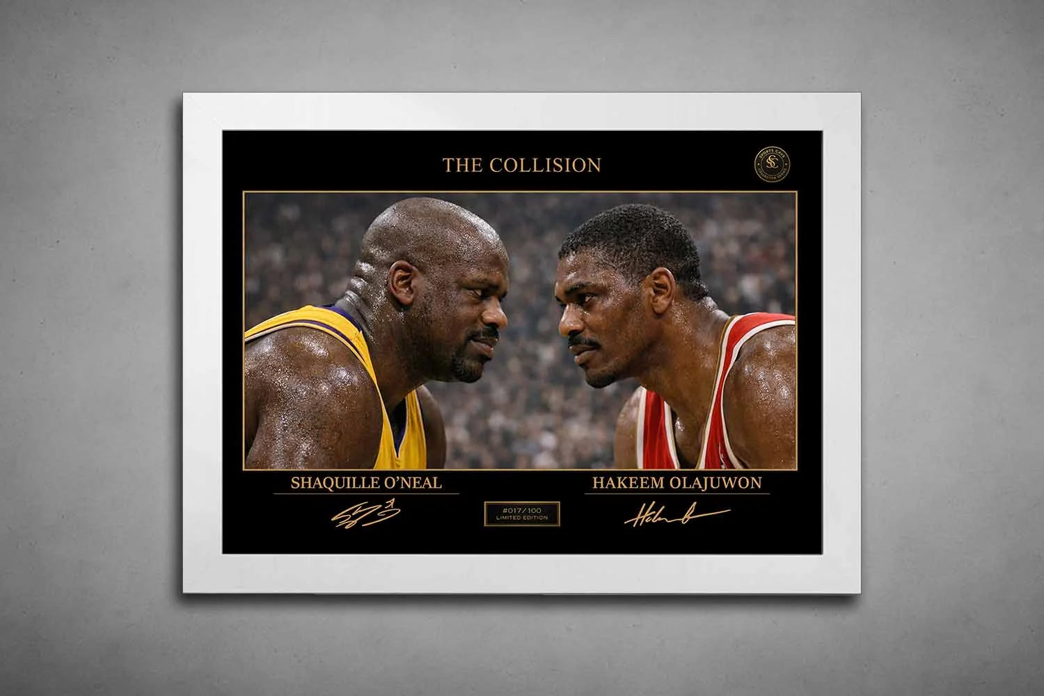 Shaquille O’Neal and Hakeem Olajuwon The Collision artwork in white frame, framed sports art highlighting NBA legends