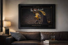 Shaquille O’Neal framed artwork styled above leather sofa, striking man cave wall décor for NBA fans.