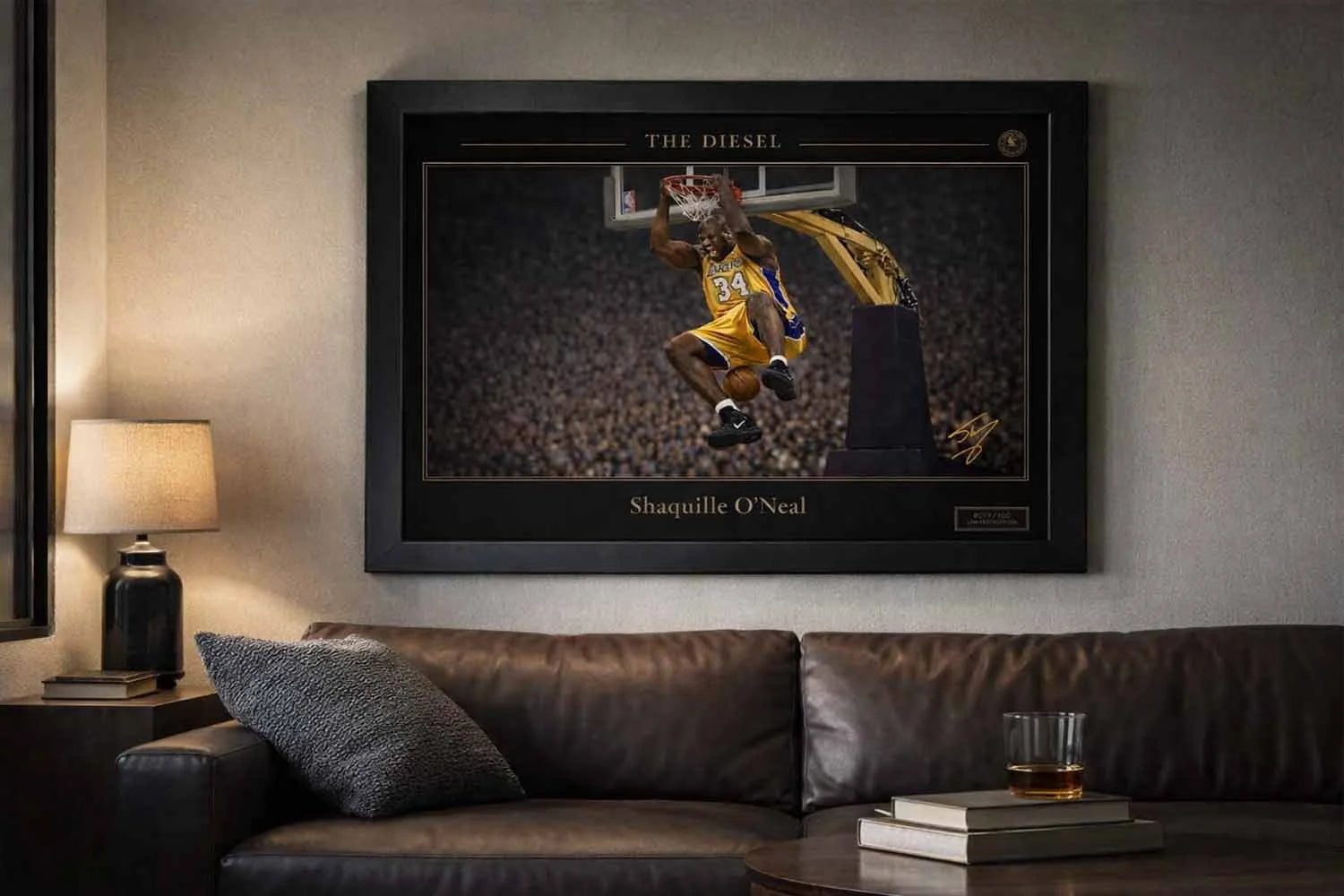 Shaquille O’Neal framed artwork styled above leather sofa, striking man cave wall décor for NBA fans.