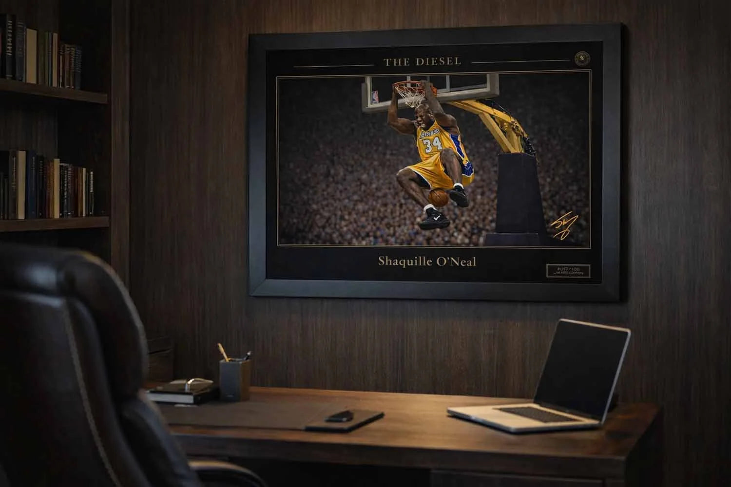 Shaquille O’Neal black framed print in executive office setting, elegant framed sports memorabilia display.