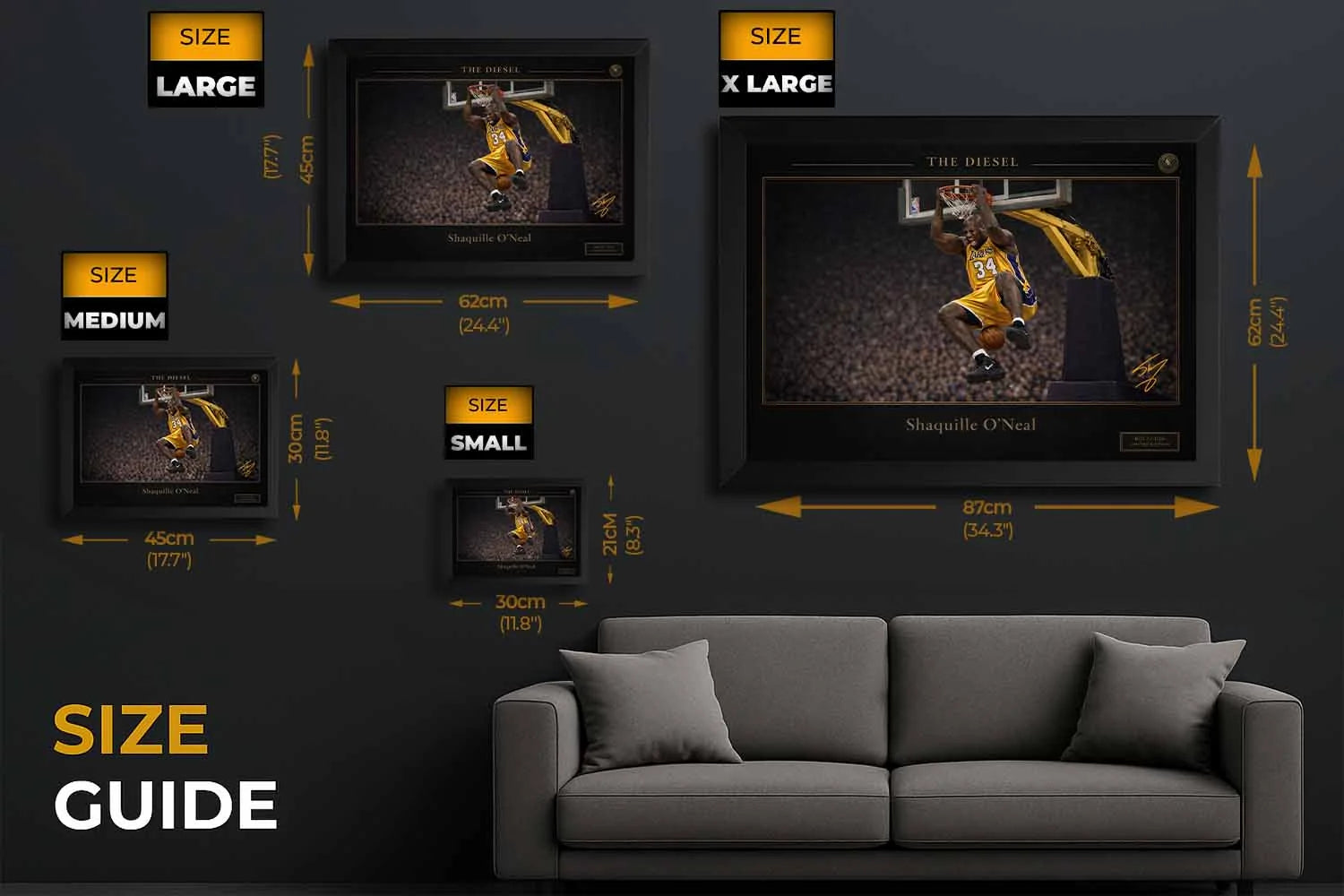 Shaquille O’Neal framed print size guide showing small to XL options, detailed limited edition sports prints overview.