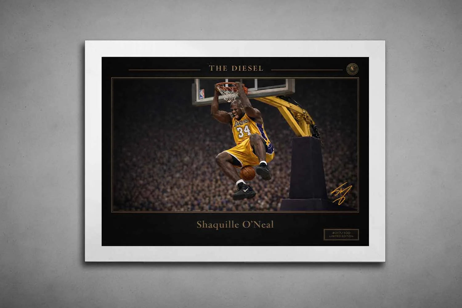 Shaquille O’Neal “The Diesel” print in crisp white frame, bold sports wall art for contemporary spaces.