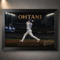 Shohei Ohtani 50/50 baseball wall art in a black frame, featuring his swing beneath bright stadium lights.
