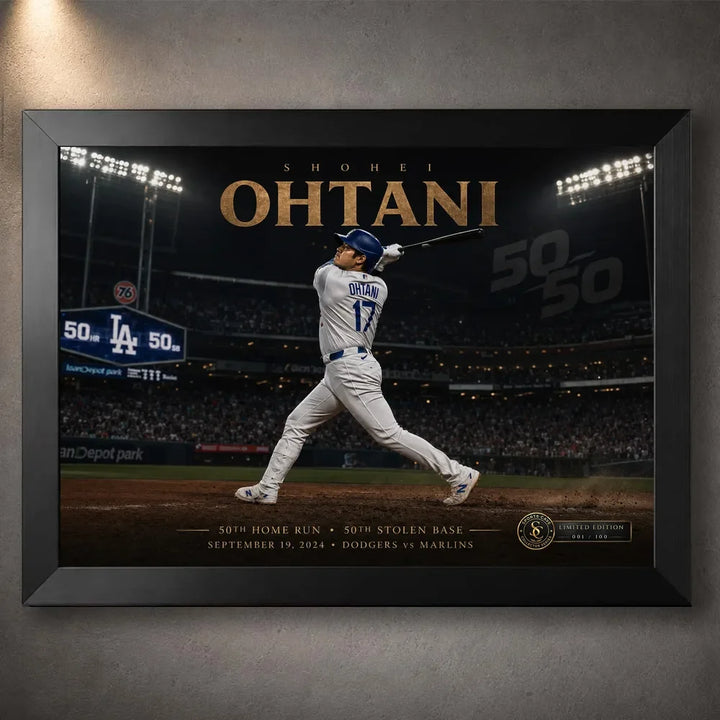 Shohei Ohtani 50/50 baseball wall art in a black frame, featuring his swing beneath bright stadium lights.