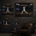 Shohei Ohtani baseball wall art size guide comparing small, medium, large and extra-large framed dimensions.