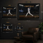 Shohei Ohtani baseball wall art size guide comparing small, medium, large and extra-large framed dimensions.