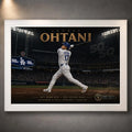 Shohei Ohtani 50/50 baseball wall art displayed in a clean white frame against a softly lit textured wall.