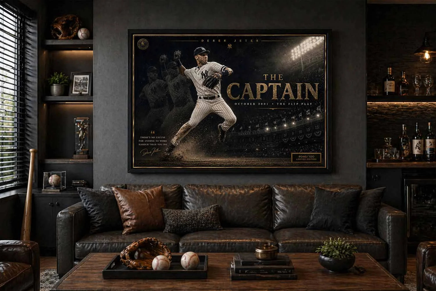 Shohei Ohtani framed sports memorabilia displayed in a luxury baseball man cave with leather sofa and warm ambient lighting