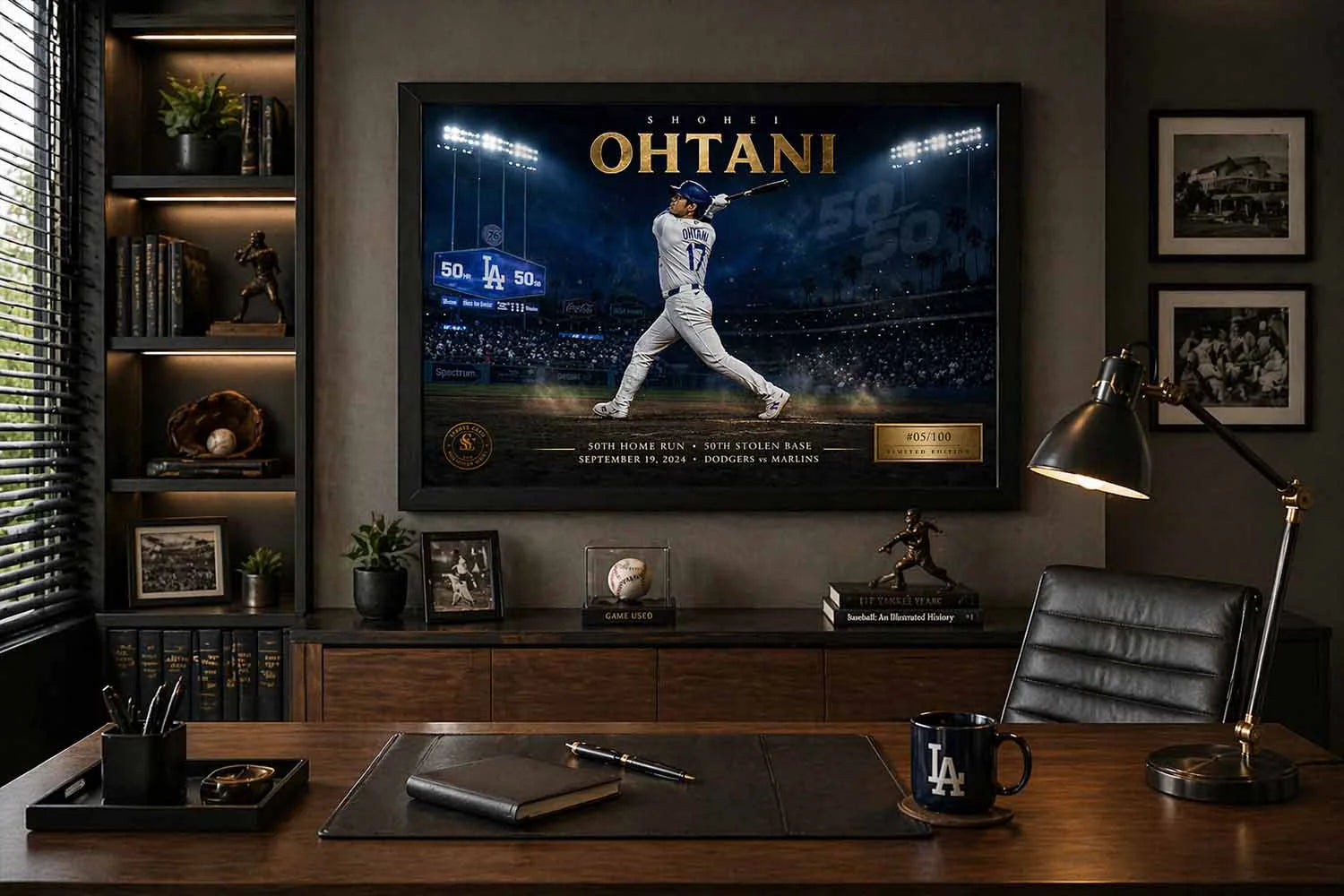Shohei Ohtani premium sports collectibles artwork styled in a modern office with desk setup and baseball-themed décor accents