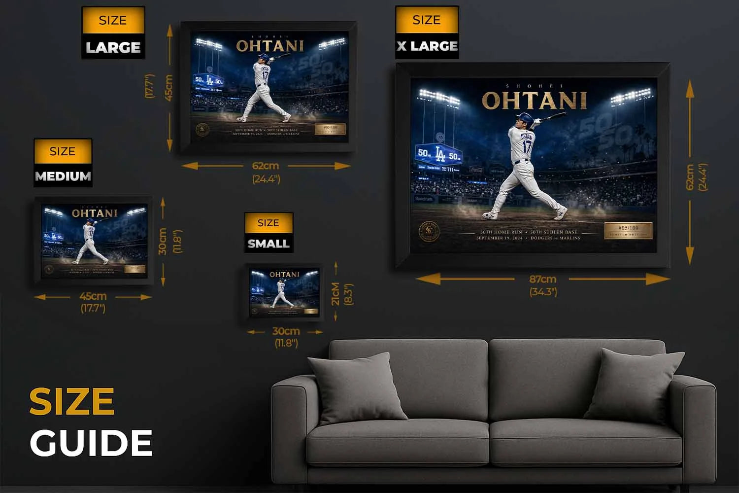 Shohei Ohtani sports wall art size guide showing small to extra large framed options for premium sports collectibles display