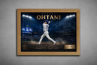 Shohei Ohtani baseball artwork displayed in a premium oak frame, highlighting his iconic swing in limited edition sports prints