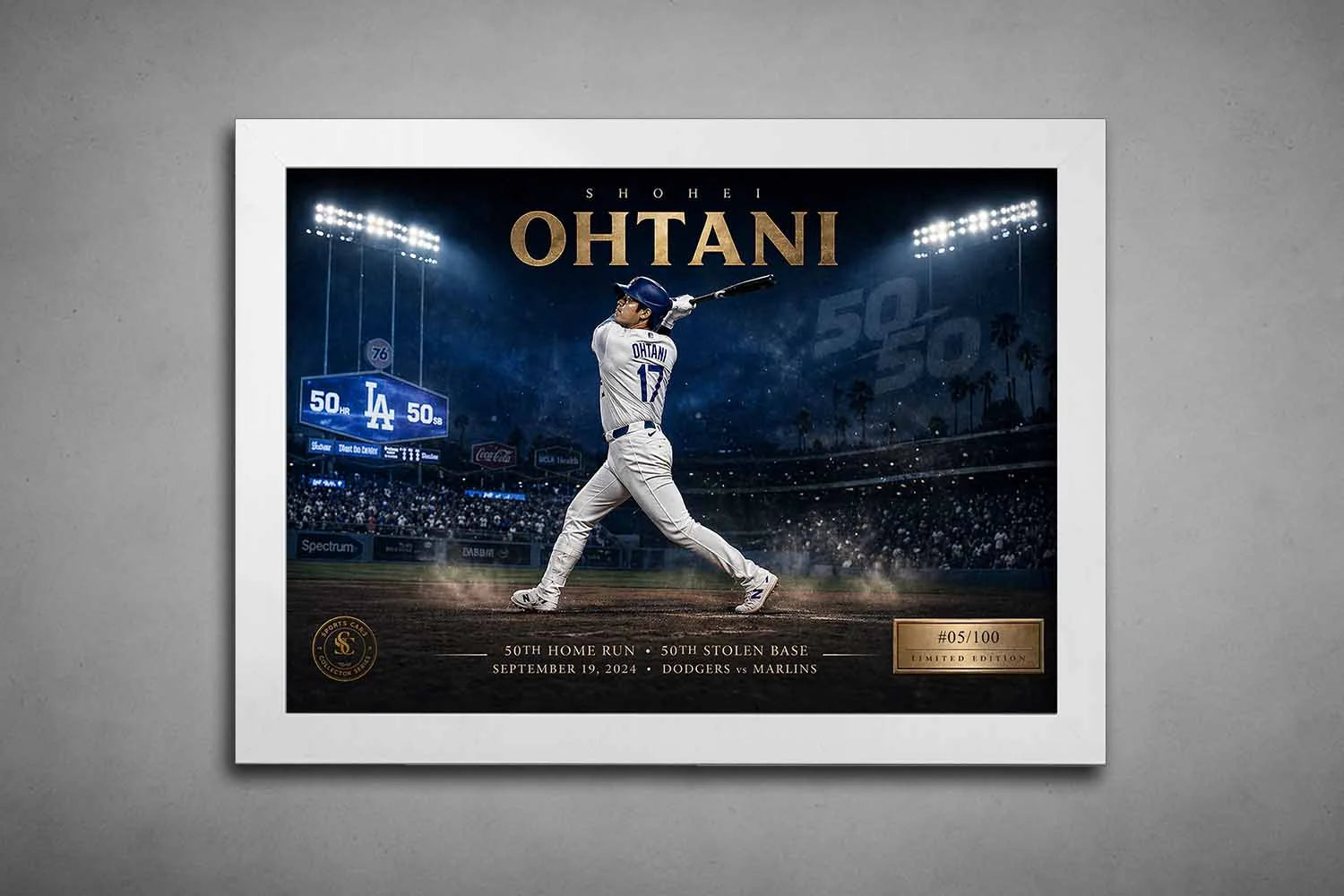 Shohei Ohtani sports wall art in a clean white frame showcasing his historic 50 home run and 50 stolen base achievement