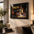 Magic Johnson Showtime wall art displayed in a bright contemporary living room with neutral furniture and warm light.