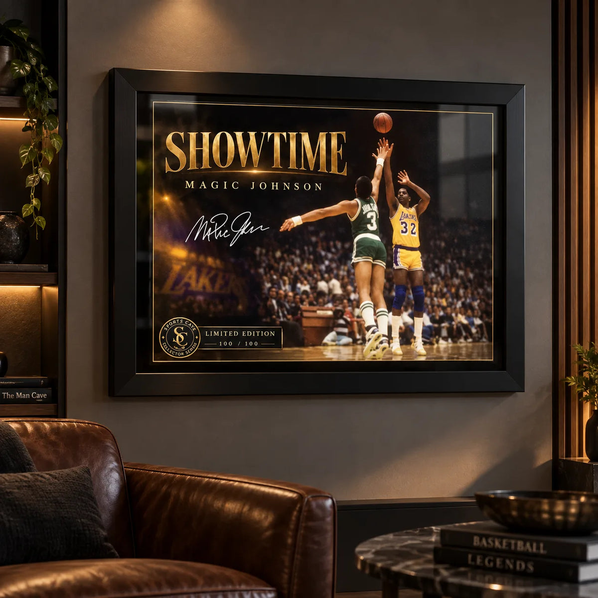 Magic Johnson Showtime wall art displayed in a dark man cave with leather seating and warm feature lighting.
