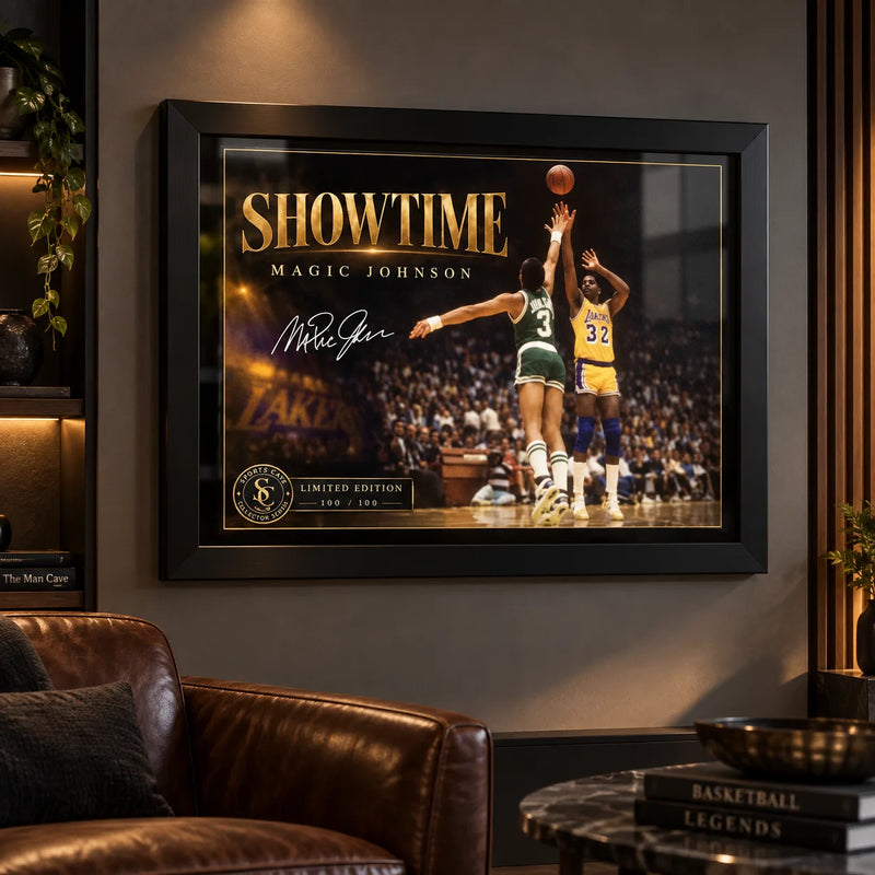 Magic Johnson Showtime wall art displayed in a dark man cave with leather seating and warm feature lighting.
