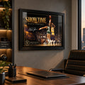 Magic Johnson Showtime basketball wall art displayed in a modern office above a timber desk and black chair.