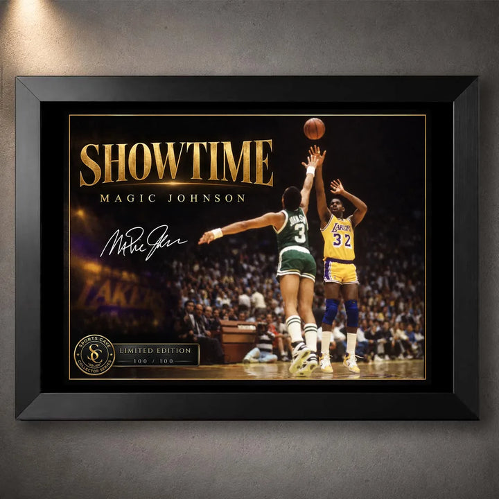 Black framed Magic Johnson Showtime basketball wall art featuring the collector design in a premium black frame.