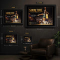 Magic Johnson Showtime wall art size guide showing Small, Medium, Large and X Large framed dimensions.