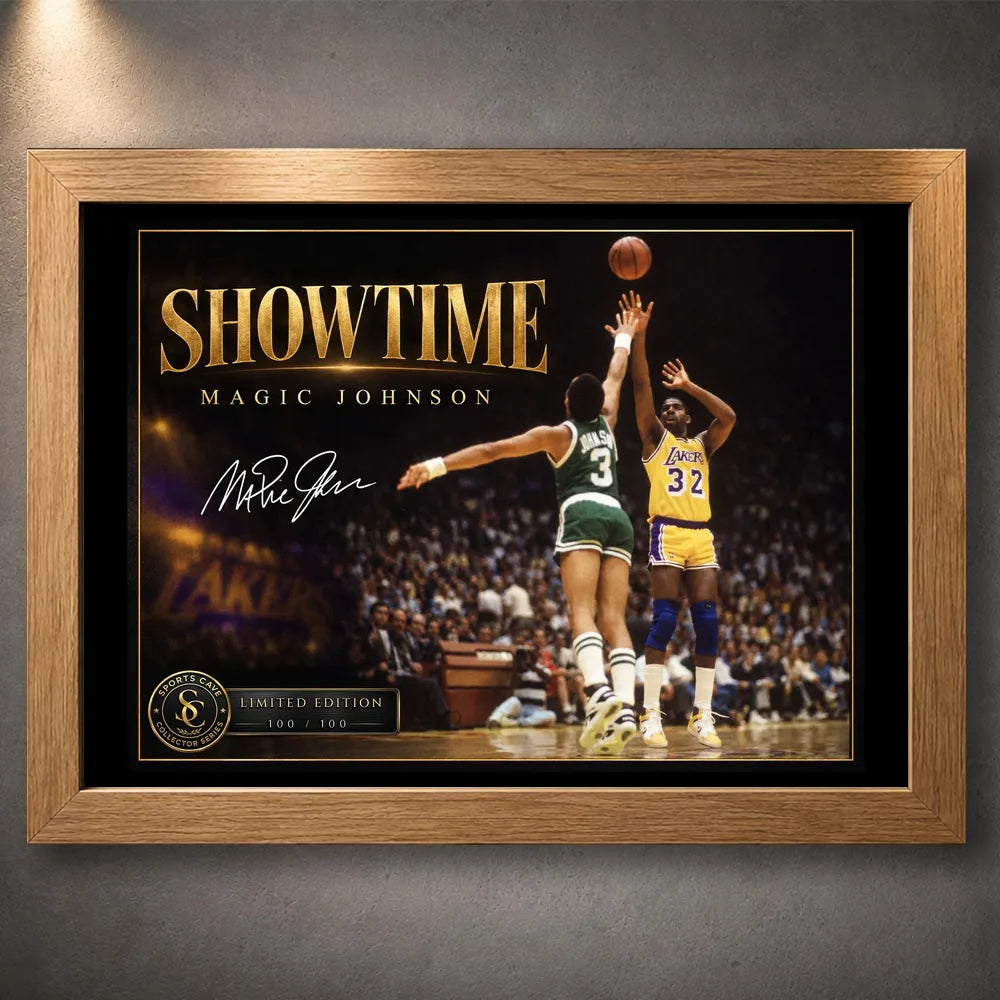 Oak framed Magic Johnson Showtime basketball wall art featuring the collector design in a natural wood frame.