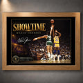 Oak framed Magic Johnson Showtime basketball wall art featuring the collector design in a natural wood frame.