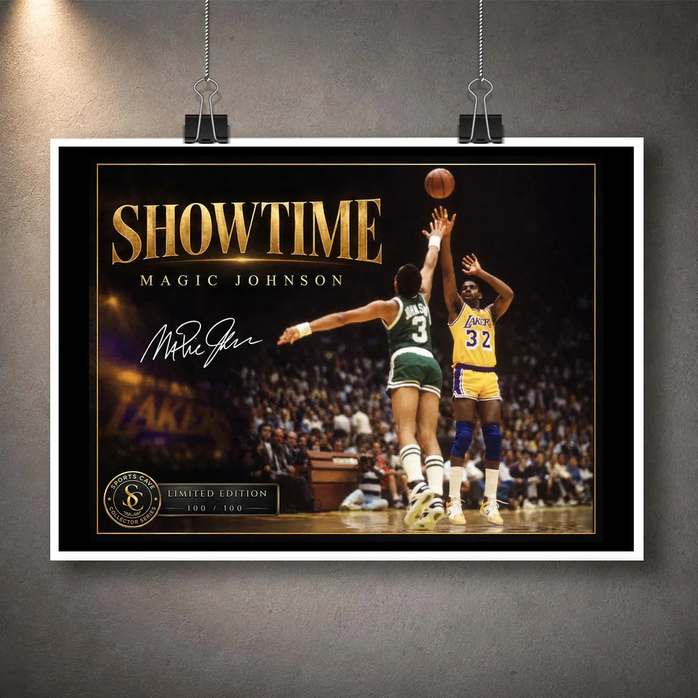 Unframed Magic Johnson Showtime basketball wall art design shown as a print with a white outer border.