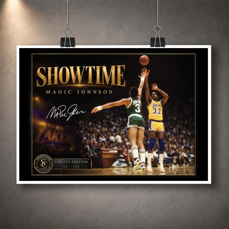 Unframed Magic Johnson Showtime basketball wall art design shown as a print with a white outer border.