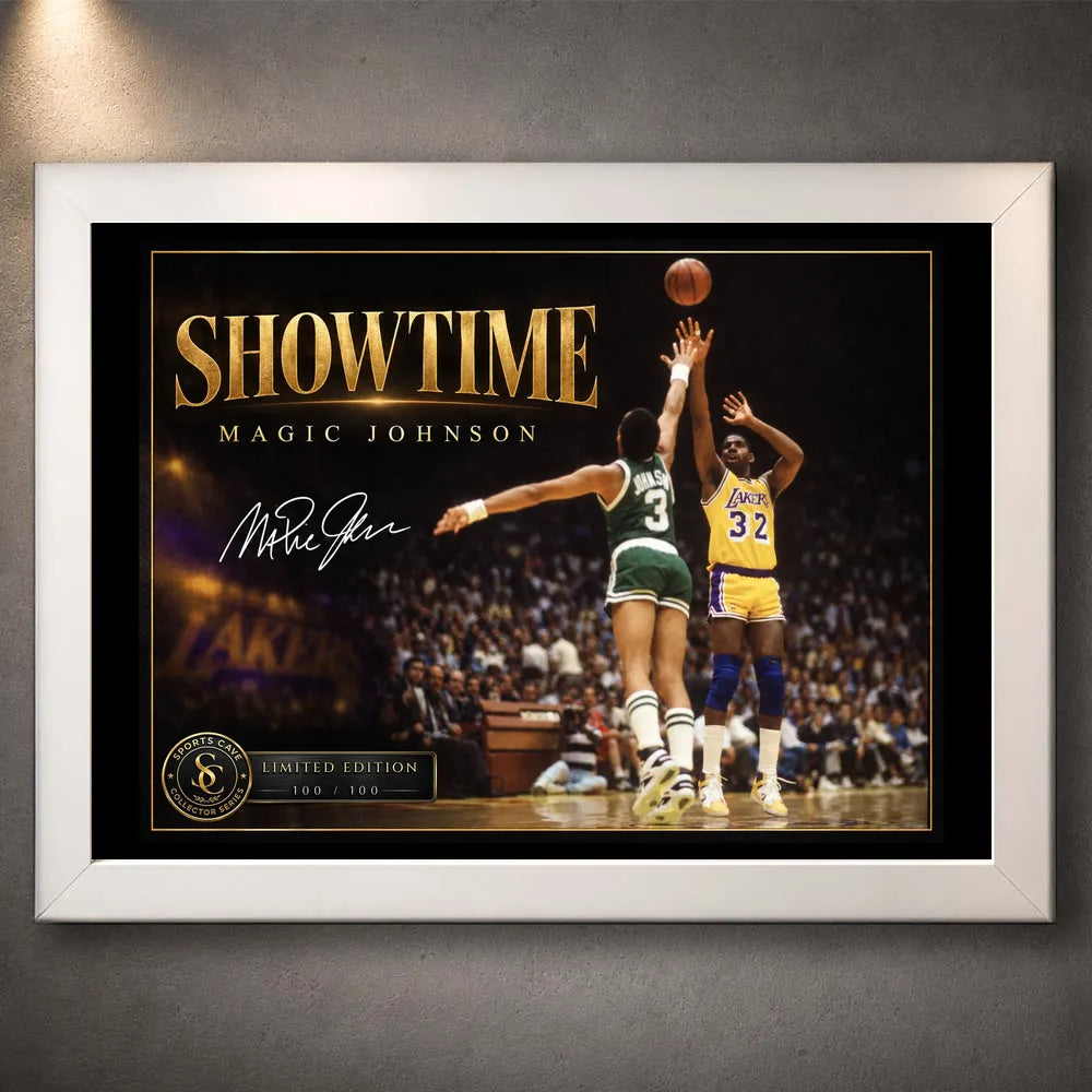 White framed Magic Johnson Showtime basketball wall art featuring the collector design in a clean white frame.