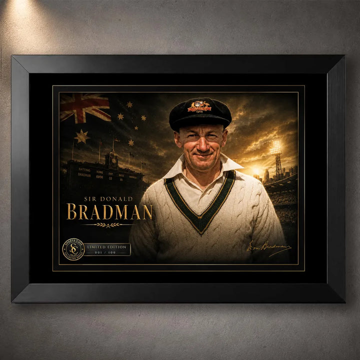 Sir Donald Bradman cricket wall art in a premium black frame with limited edition plaque and gold detailing.