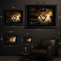 Sir Donald Bradman framed cricket wall art size guide showing small, medium, large and extra large options.