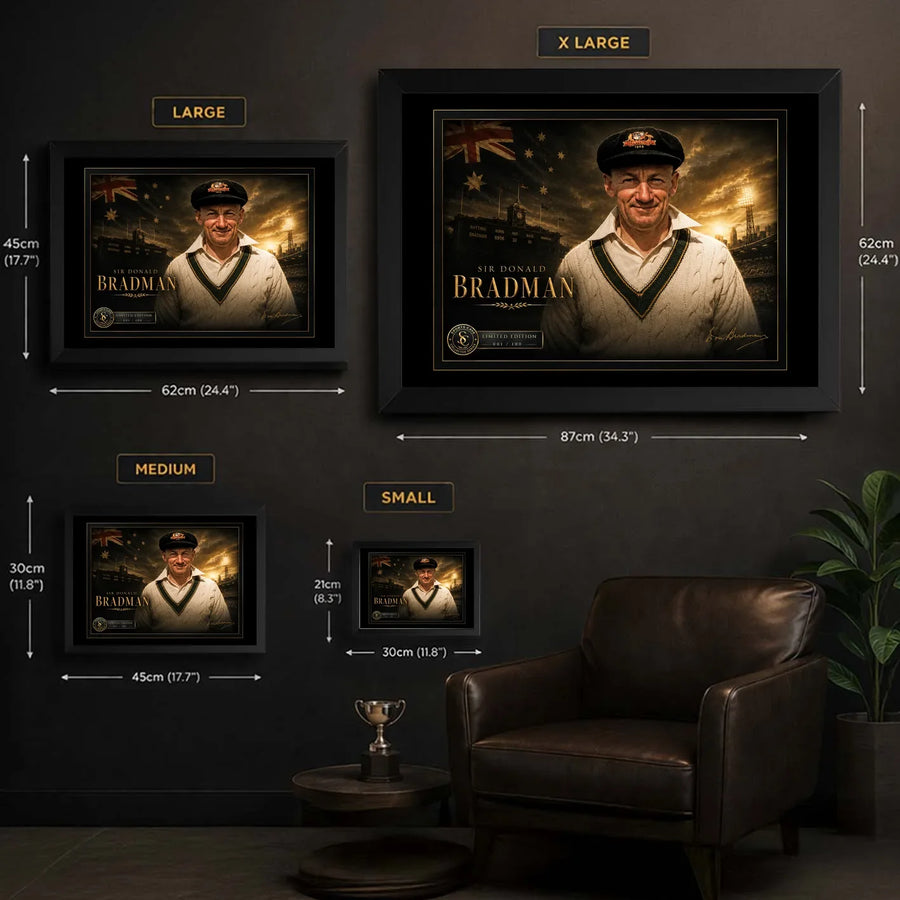 Sir Donald Bradman framed cricket wall art size guide showing small, medium, large and extra large options.