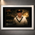 Sir Donald Bradman cricket wall art in a clean white frame with black matting and premium gold detailing.